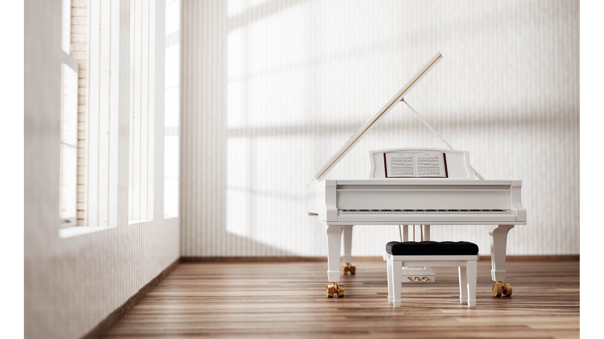 White acoustic piano set up near window